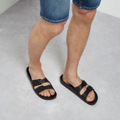 Black double strap slip on sandals